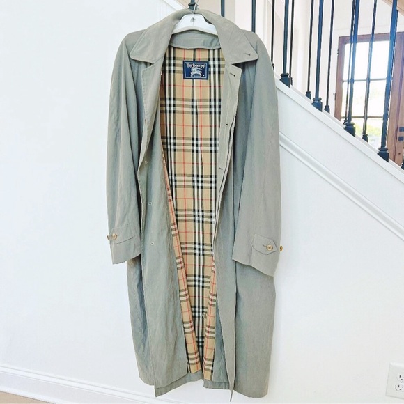 Burberry Trench Coat 70's Vintage Novacheck 42 L Olive Sage Grey Liner Unisex - Picture 1 of 16